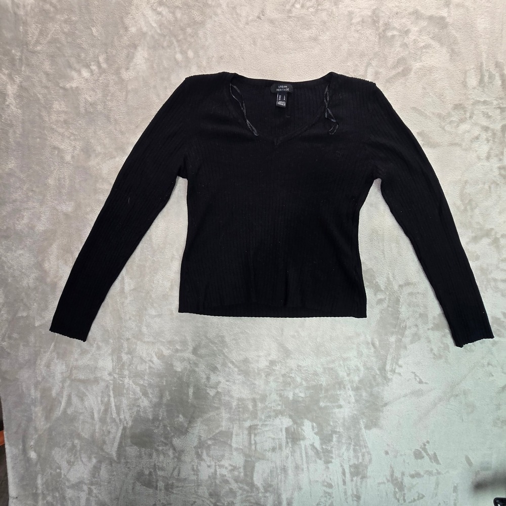 Urban Heritage Black Ribbed V-Neck Long Sleeve Top Large
